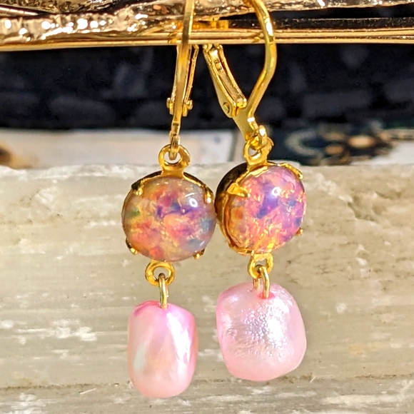 Pink Fire Opal & Freshwater Pink Baroque Pearls in 14K Gold Plated Drop Earrings - Picture 2 of 6